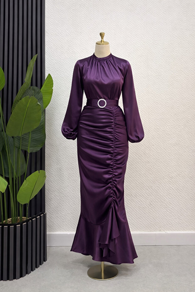 Satin Hijab Evening Dress with Belt Accessories and Gathered Detail