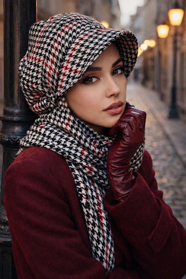 Houndstooth Red Black Scarf Hijab Hat