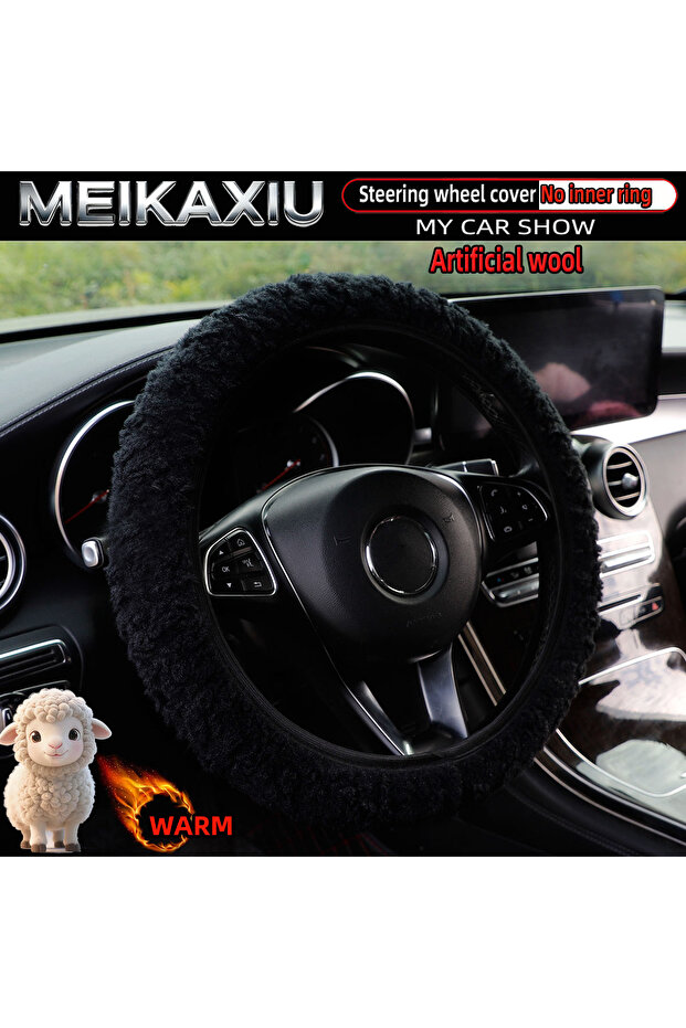 black Warm Artificial Wool Steering Wheel Cover Hubless Design for Winter 14.5-15 Inch Car Decorativ