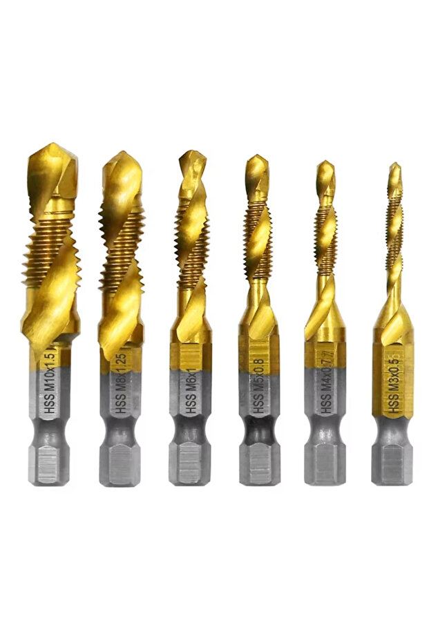 6pc Gold Short 6PC High-Speed Steel 4341 Titanium Plated Composite Tap Drill And Tap Integrated Mach