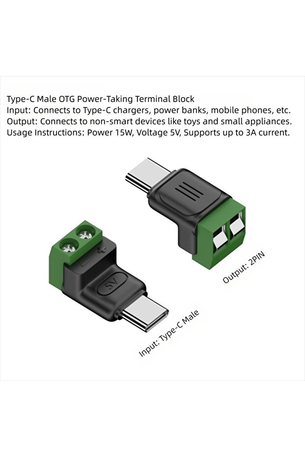 محول طرفي USB-C إلى طرفين، قابس طاقة من النوع C بدون لحام، برغي 5 فولت، كتلة طرفية قابلة للضغط، أخضر