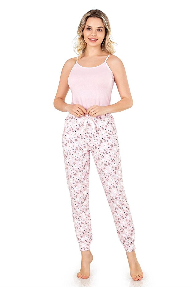 Women's Pink Winter Bear Patterned Ribbon-Lined Pajama Bottoms