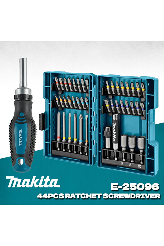 مجموعة مفكات براغي ماكيتا E-25096 ذات سقاطة، رؤوس مفكات سداسية، 44 قطعة، ملحقات أدوات