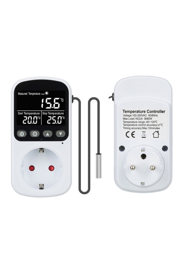 منظم حرارة رقمي بإضاءة خلفية سوداء، قطعة واحدة، قابس كهربائي أوروبي، وحدة تحكم في درجة الحرارة، مؤقت، مفتاح تيار متردد - 1