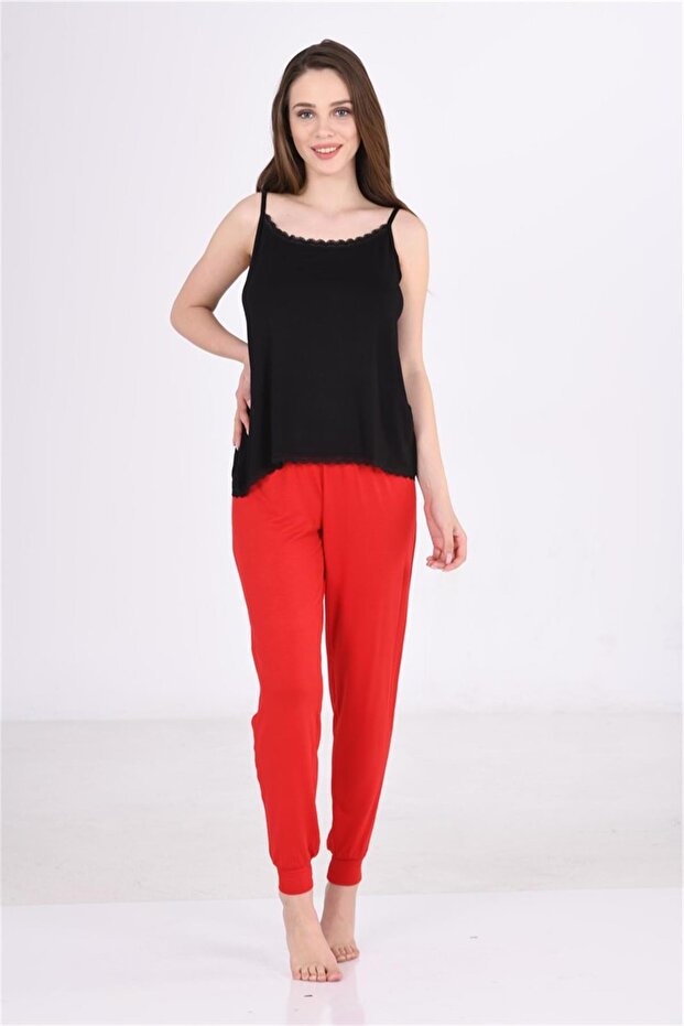 Women's Red Viscose Tape Leg Long Bottom