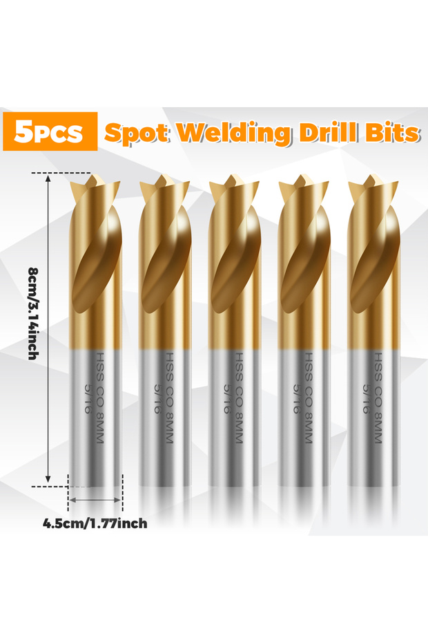 Round gold 8mm 5pc Gold 5Pcs Cobalt Spot Weld Drill Bit Set Kit Diameter 5/16-inch (8mm) High Speed