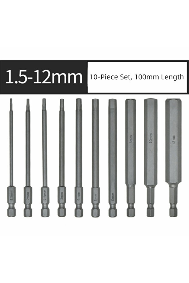 10PCS Tool Parts S2 Steel Hex Head Allen Wrench 1.5-12mm 100mm Length Allen Screwdriver Bits 1/4 Inc