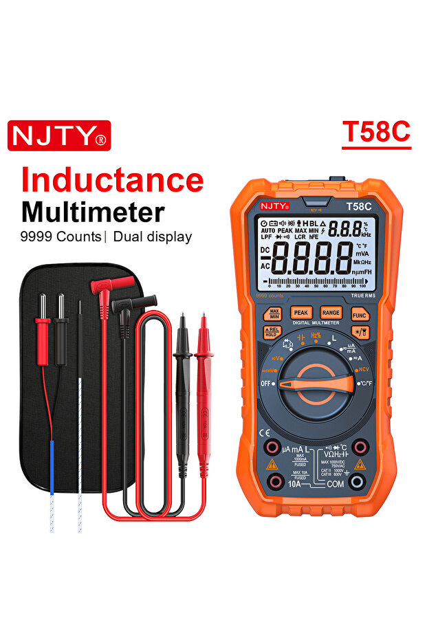 مقياس متعدد رقمي أزرق اللون من نوع NJTY T58B T58C لقياس الحث، بنطاق تلقائي، و9999 عدًا لقياس الجهد والتيار والسعة.
