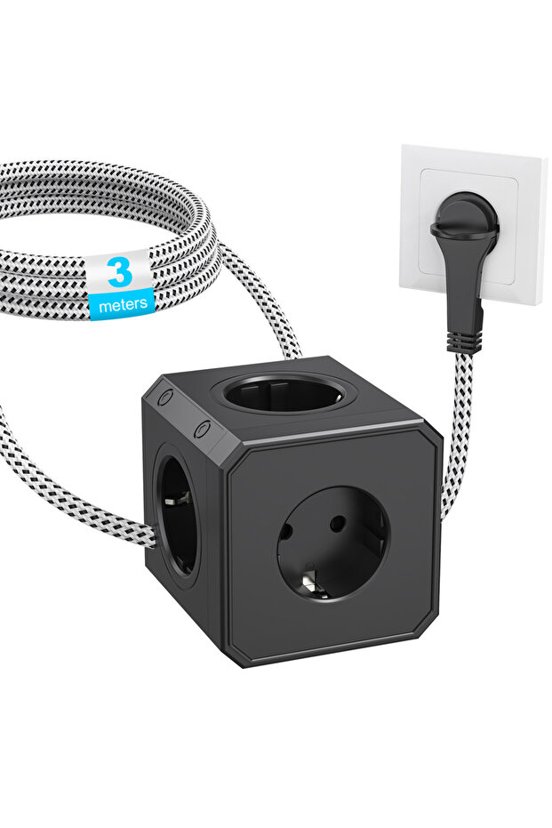 220-250V 5 black 3m cord 5 EU Outlet Power Strip Cube with 3/2.5m braided cord, 4000W Flat plug Mult