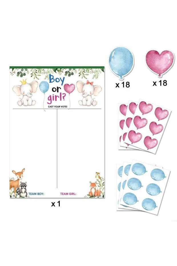 A Baby Shower Party Gender Secret Game Poster Set Balloon Heart Stickers