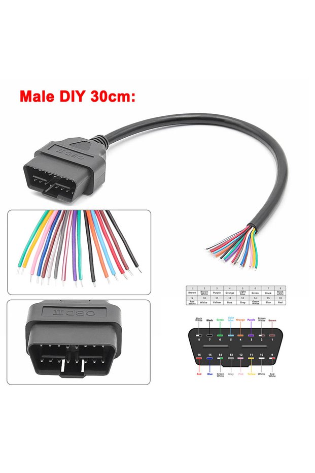 Male 30cm 30cm 16Pin OBD2 Male to Female DIY Extension Cable for Car Diagnostic Scanner Tool Automot