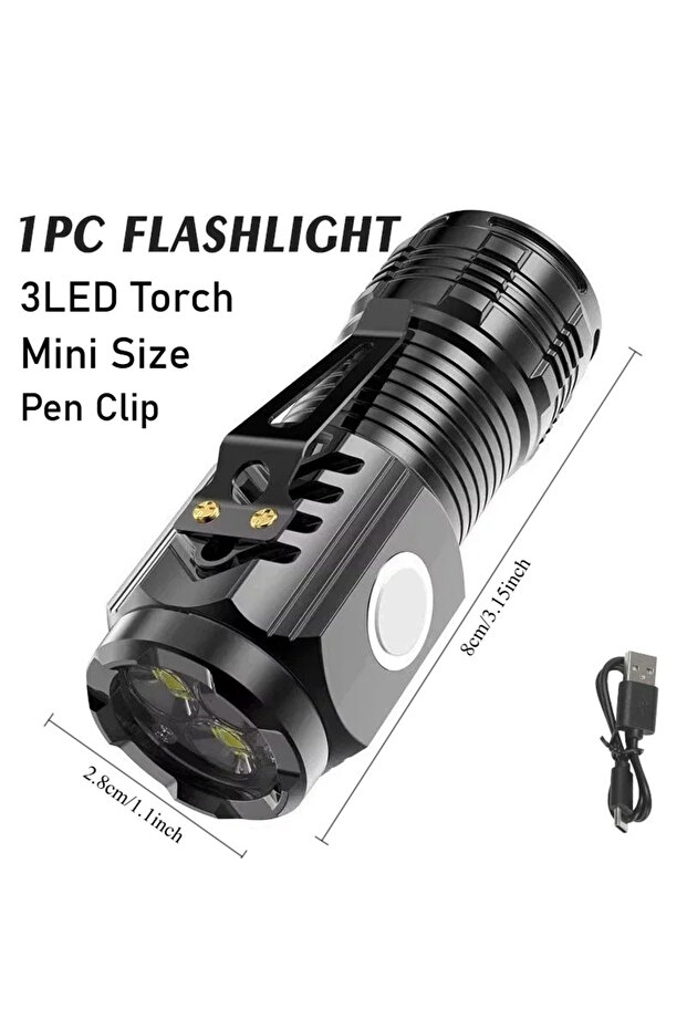 Fixed Focus 3LED Black Mini Ultra-bright 9LED Flashlight USB Rechargeable Torch Pocket Pen Clip Flas