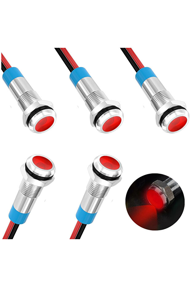 5 قطع حمراء، عبوة من 5 قطع، 6 مم، مصابيح مؤشر LED تعمل بتيار متردد/مستمر 12-24 فولت، مقاومة للماء بمعيار IP65، مصابيح LED 24 فولت، مصابيح دليل معدنية