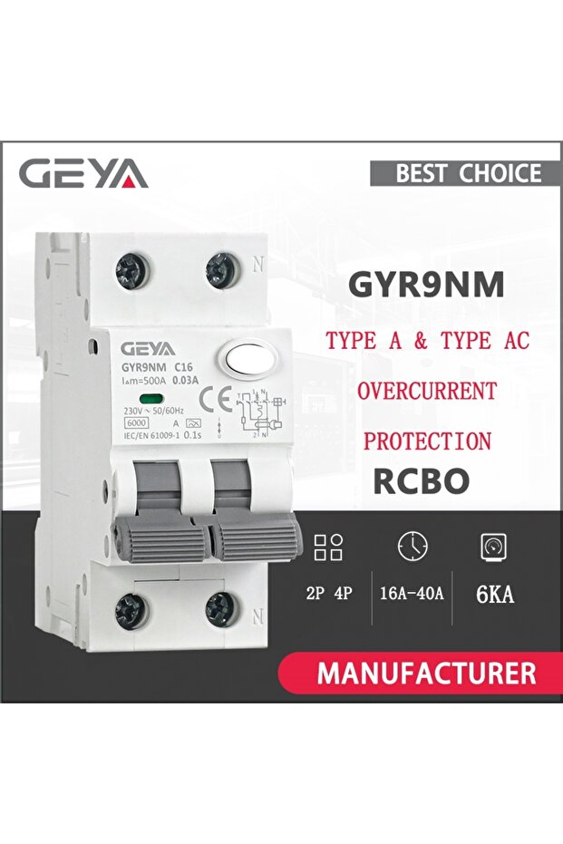 Type A 2P C16A 30mA GEYA GYR9NM Type A RCBO 2P 4P Magnetic Circuit Breaker with Over Current and Lea