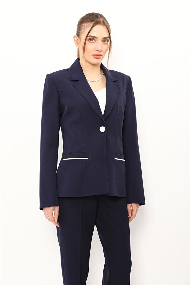 Garnili Single Button Classic Women's Jacket - Navy Blue - 1186100
