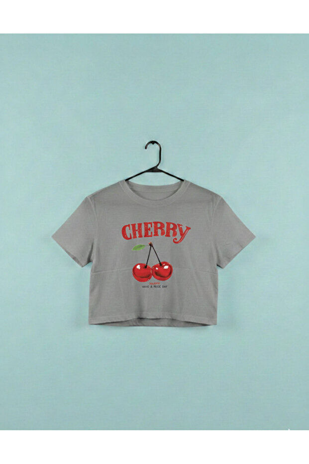 Girl's Soft Textured Cherry Printed Crop T-Shirt