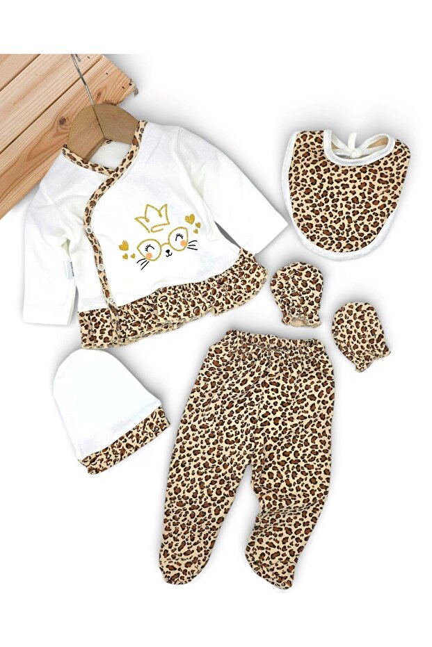 Baby Girl 5-Piece Leopard Detailed Hospital Outfit Set, 100% Cotton Newborn Bodysuit Set