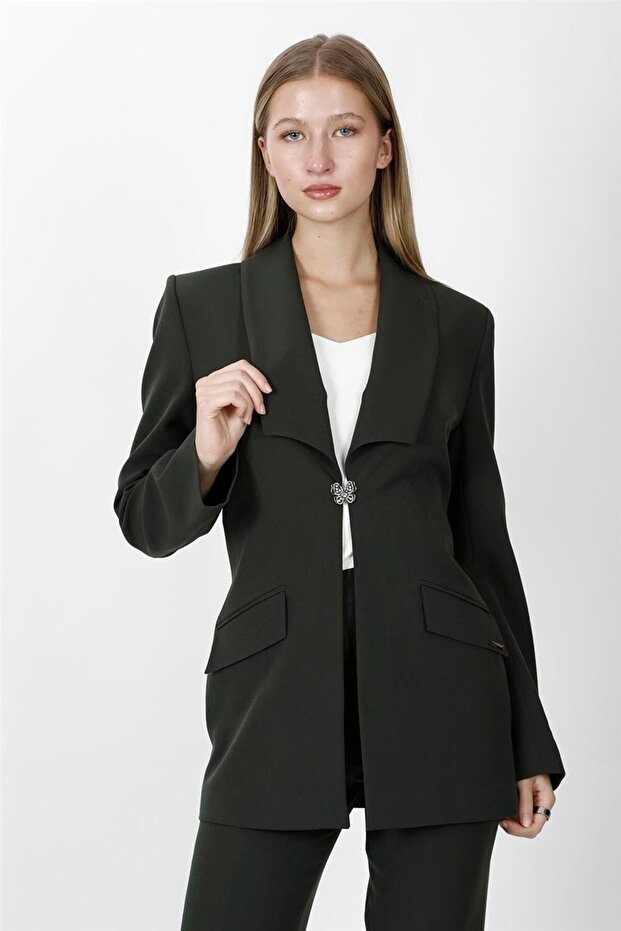 American Collar Modern Long Women's Jacket-Khaki - 1187100