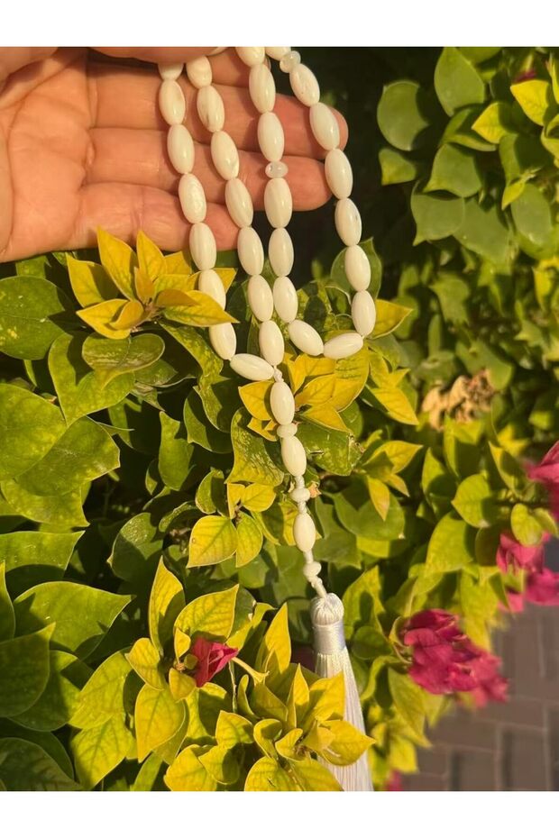 Natural White Shell Misbaha Prayer Beads with Tassel (Oval)