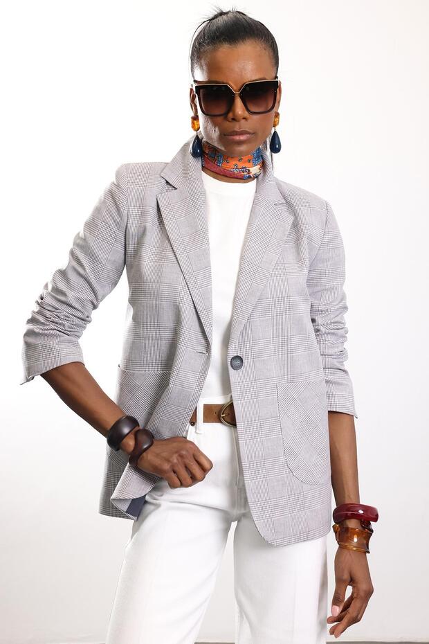 Gray Plaid Patterned Blazer Jacket 4733 - 4