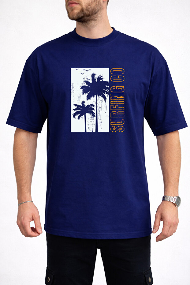 Men's Palm Tree Silhouette Surfing Co Text Printed Crew Neck Navy Blue T-Shirt