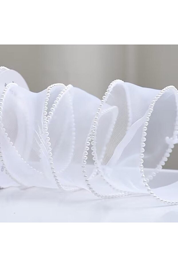 Pearlized Ruffled Tulle White Organza Ribbon 2 Mt (cm X 2Mt), Floral Material, Bridal Bouquet, Bohça Mis