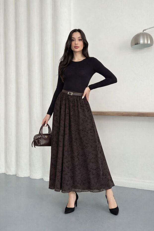 Belted Detailed Flocked Printed Lined Tulle Skirt with Elastic Waistband