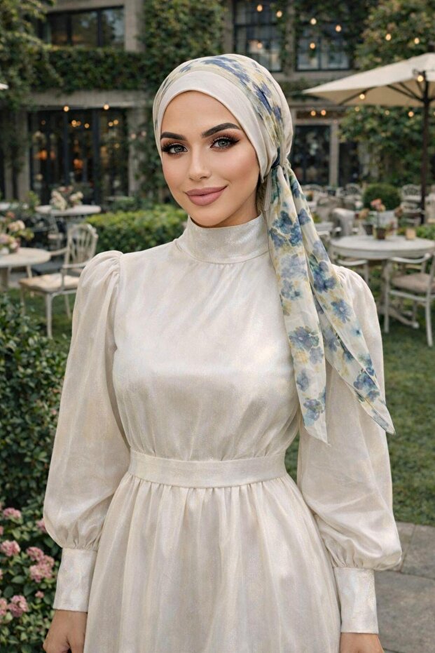 قبعة وشاح بنمط باتيك باللون الأزرق الحجري