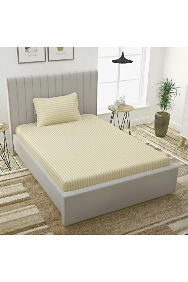 Single Bed Sheet Set 160×240cm with 1 Pillowcase 50×75cm 100% Microfiber Sateen Stripe Flat Sheet