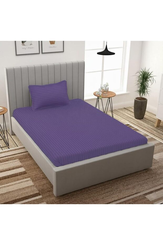 Single Bed Sheet Set 160×240cm with 1 Pillowcase 50×75cm 100% Microfiber Sateen Stripe Flat Sheet