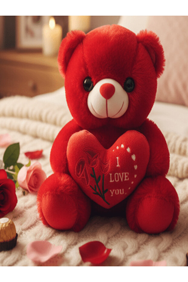 Love Theme Red Teddy Bear (25 cm) with Rose & “I Love You” Print