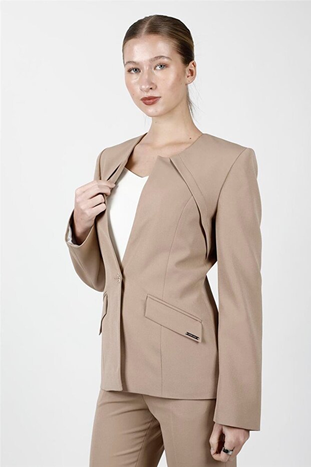 Zero Collar Single Button Sports Women's Jacket-Stone - 1190100