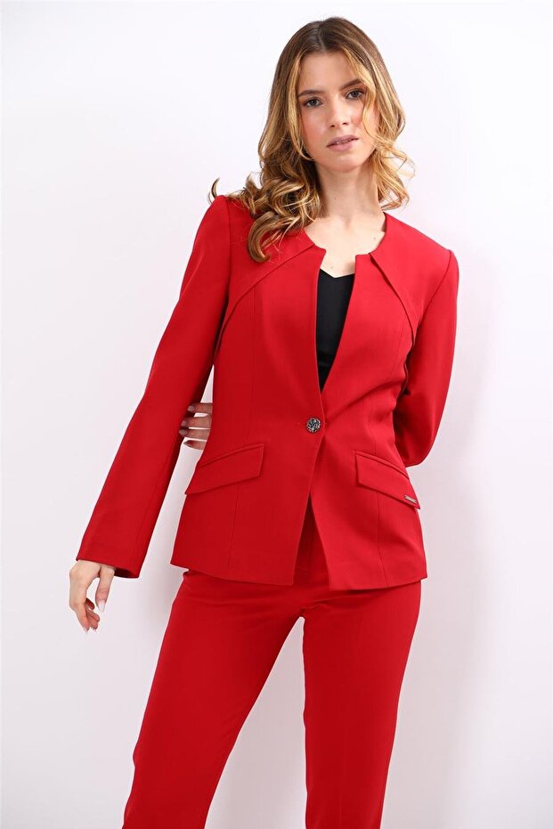 Zero Collar Single Button Sports Women's Jacket-Red - 1190100