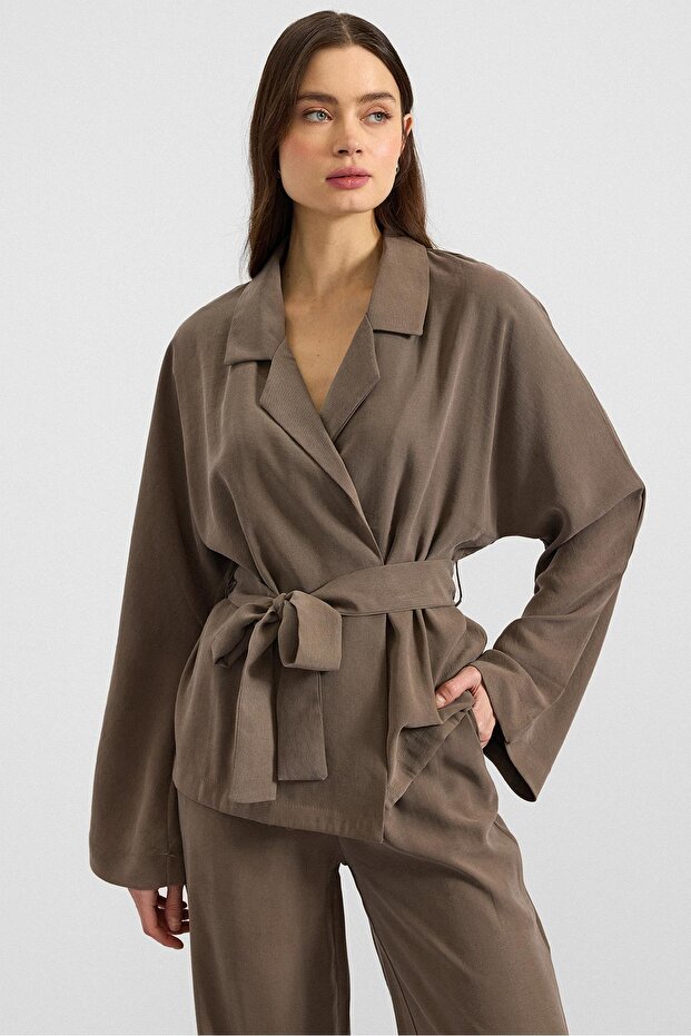 Oversize Modal Jacket with Belt Tie Haki̇ 8287