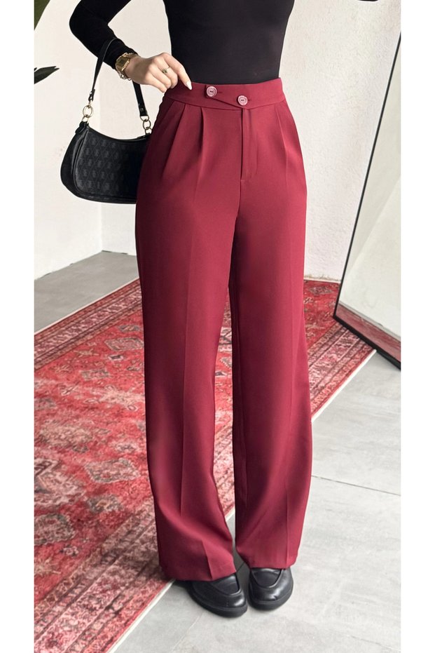 Women's Burgundy High Waist Pleated Wide Leg Elastic Waist Korean Model Fabric Trousers