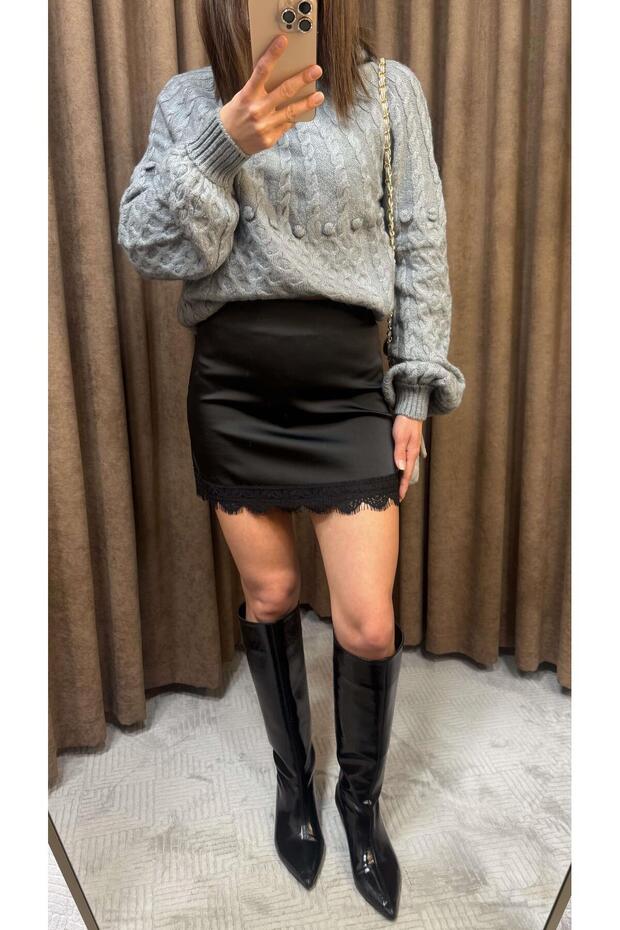 SİYAH DANTELLİ MİNİ ETEK - 6