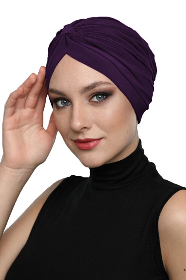 Cross-Strapped Purple Ready-Made Turban Hijab Pool Cap Suitable for Medical Use