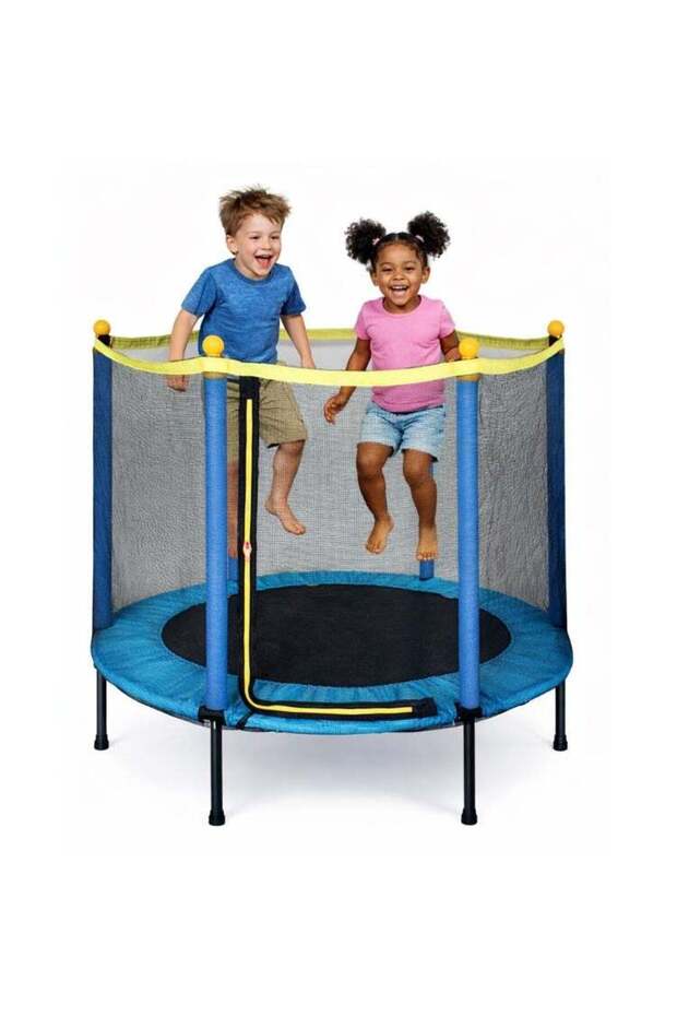 Safe Round Trampoline for Children with Mesh Enclosure, Durable Frame Construction, Cushioned Edge P