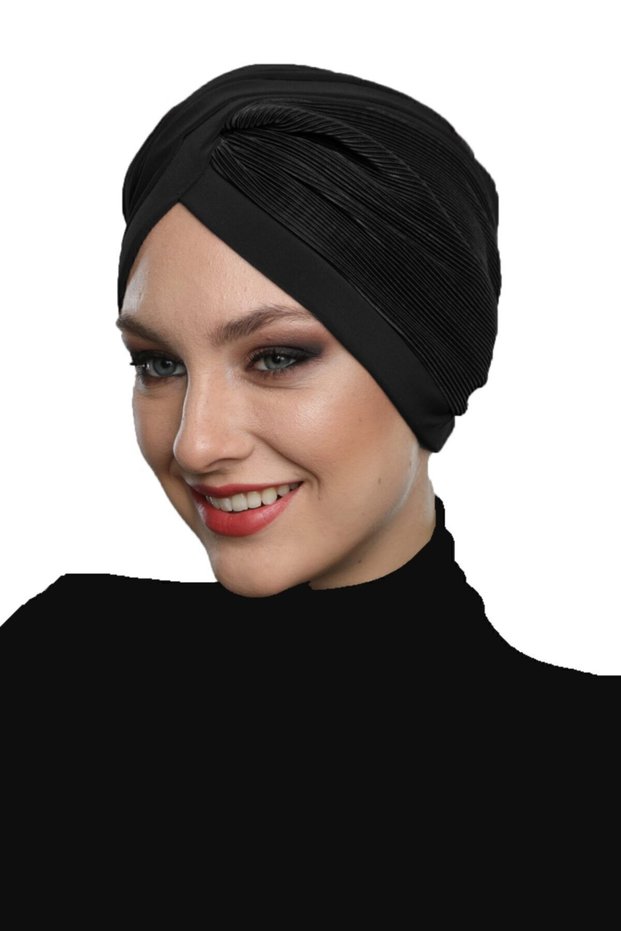 Cross Pleated Lined Black Ready-To-Wear Turban Hijab Pool Cap Suitable for Medical Use
