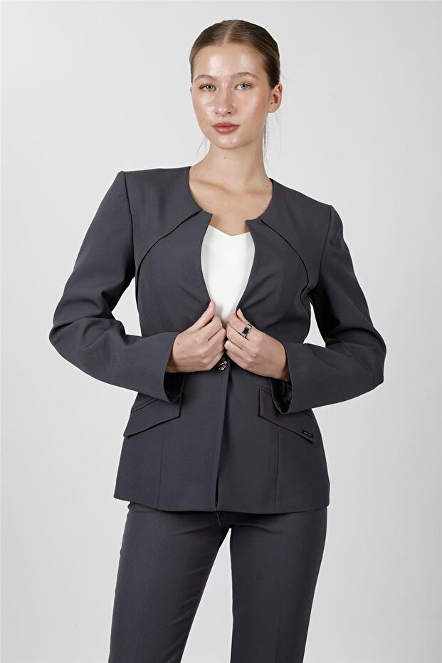 Zero Collar Single Button Sports Women's Jacket - Smoked - 1190100