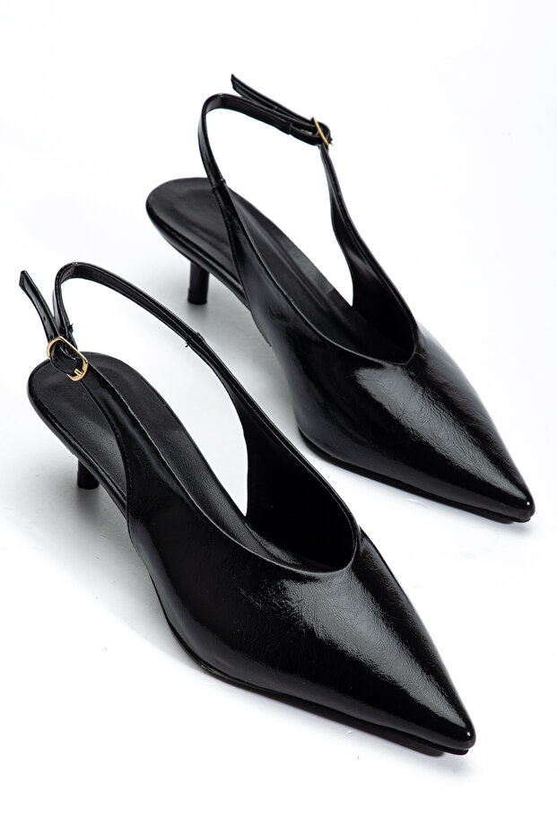 Kate Black Wrinkled Patent Leather 3 cm Heeled Pointed Toe Heeled Shoes