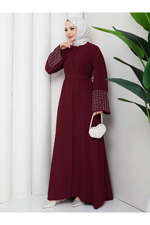 Stone-Embellished Sleeve Abaya Modest Wear Women's Ferace Dress