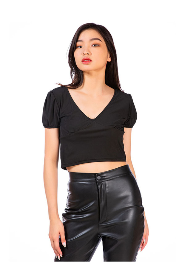 Women Black Pleated V Neck Top
