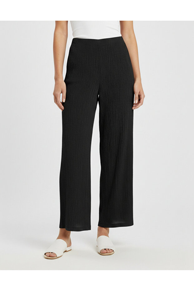 Women's Black Elastic Waist Textured Trousers Cab12