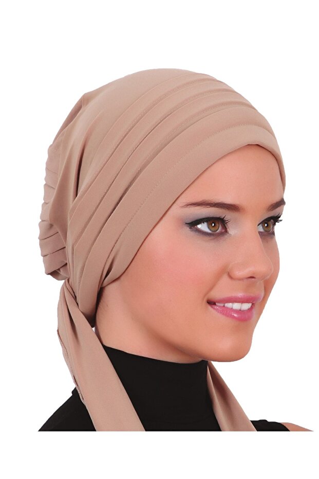Pleated Tie Beige Ready-To-Wear Turban Hijab Bonnet Suitable for Medical Use