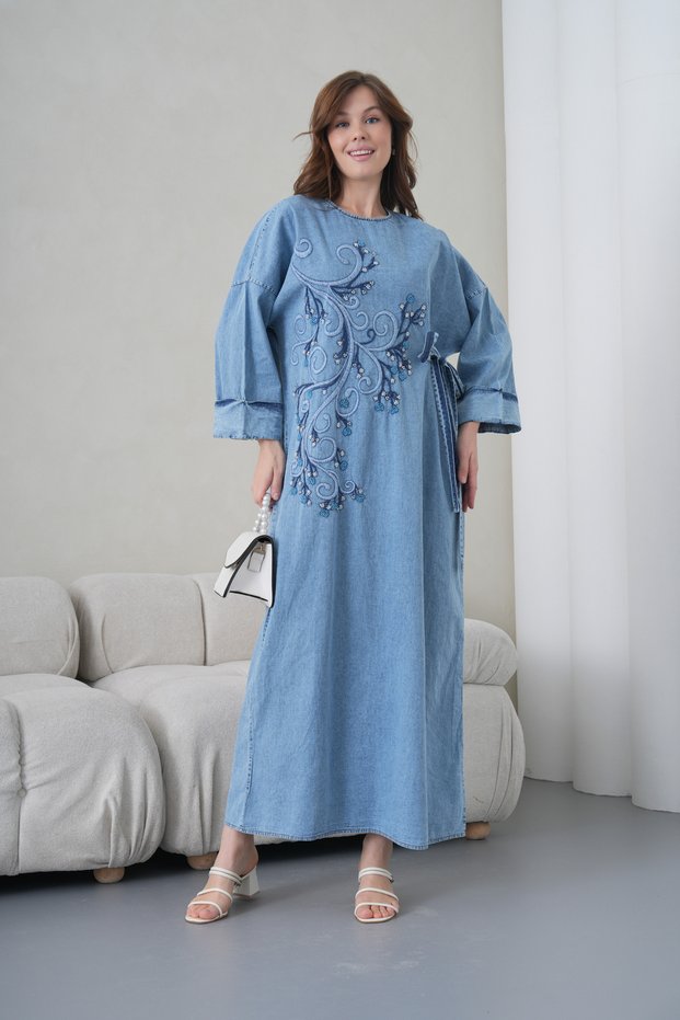 Women's Wide-Fit Long Denim Dress with Beaded Embroidery Detail at the Front and Side Tie.