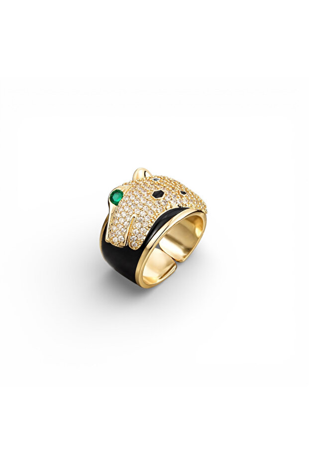Black Enamel Adjustable Stone Panther Ring