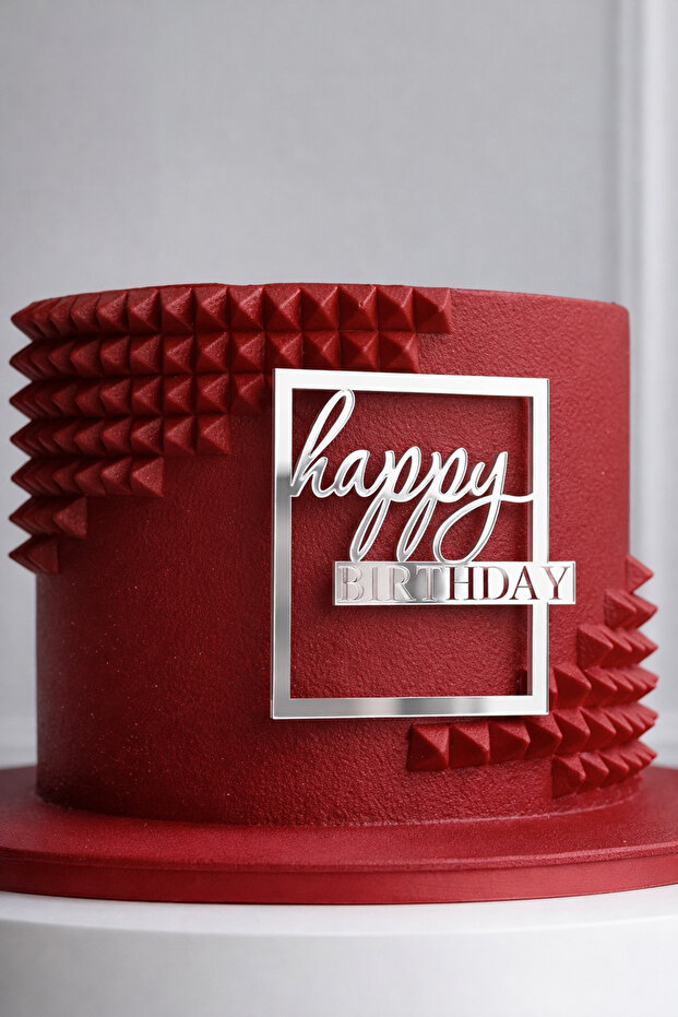 Happy Birthday Written Silver Plexi Cake and Gift Ornament Code 1 - Framed Birthday Party Celebration Decoration
