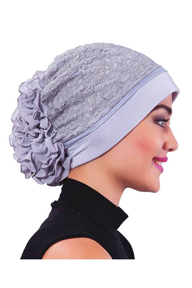 Corded Ruffled Front Pleated Piped Light Gray Ready-To-Wear Turban Hijab Bonnet Suitable for Medical Use