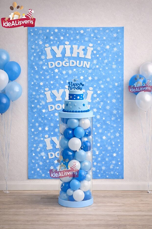 Simple and Stylish Pvc Column Stand with Balloons, Printed Backdrop, Birthday Party Set Decoration for Boys